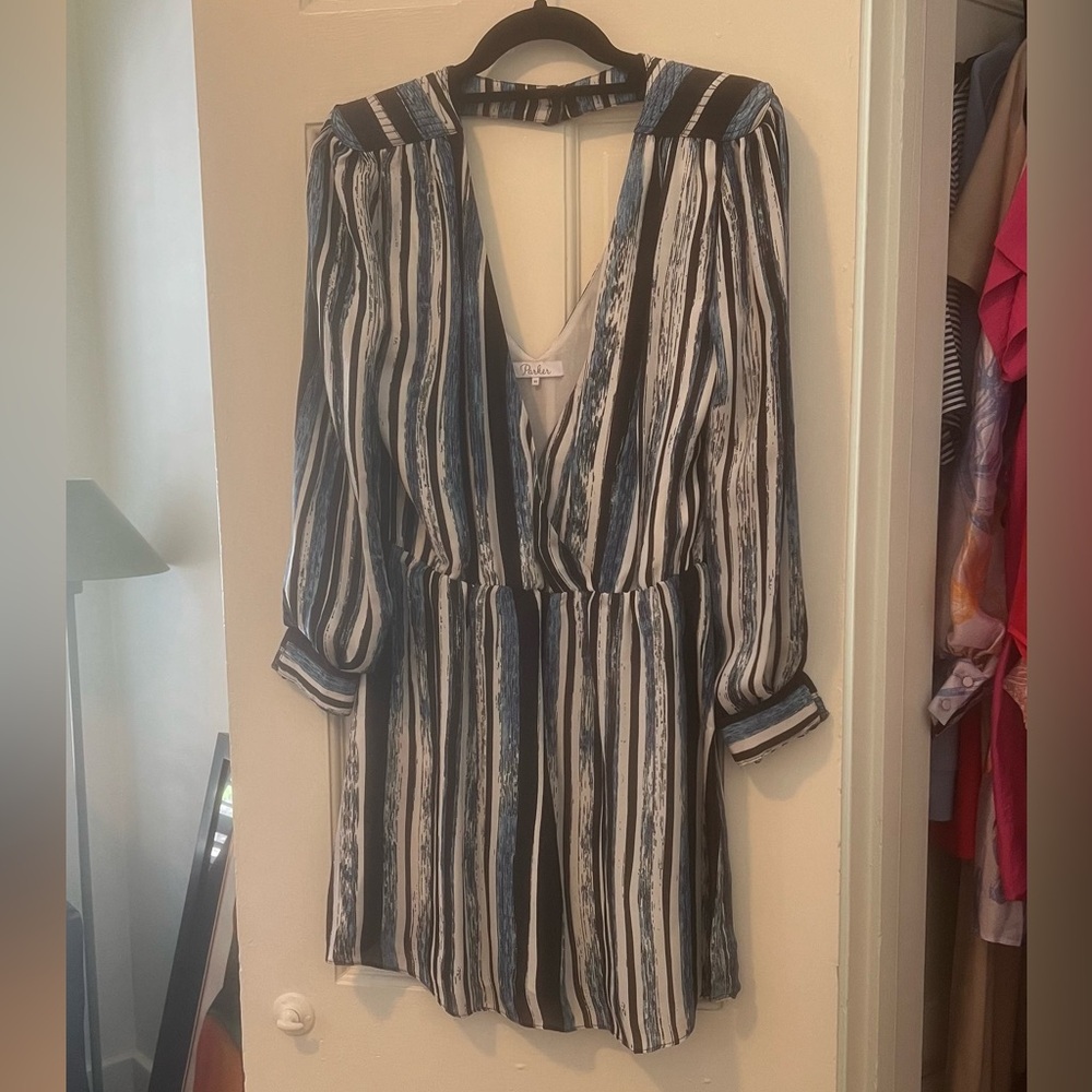 Parker Blue, Black and White Striped Long-Sleeve Cocktail Dress